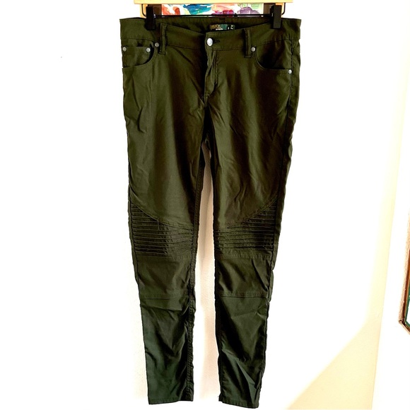 Prana Brenna Zion Skinny Pant - Olive Green Size 8 - Pleated Knee- Moto style - Picture 2 of 12